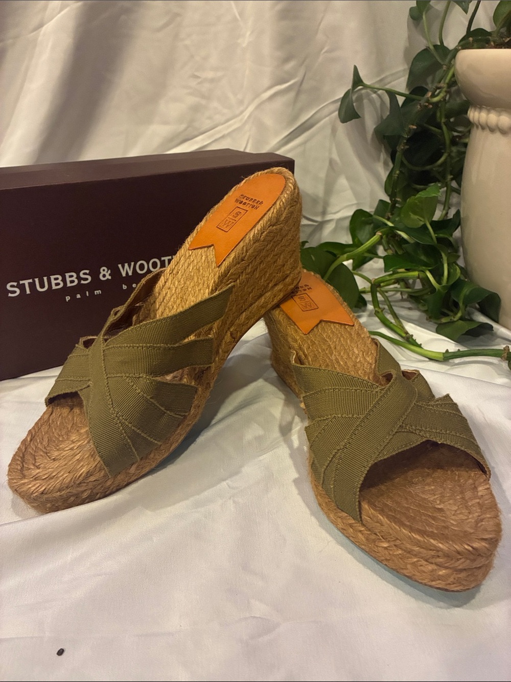 Stubbs & Wootton Size 7 Olive Wedge Sandals / Espadrilles (ABBA)